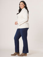 Natural Long Roll Cuff Sleeve Cable Popcorn Stitch Front Funnel Neck Plus Size Sweater