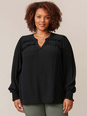 
            
                Load image into Gallery viewer, Black Long Sleeve Smock Cuff Double Ruffle Yoke Open V-Neck Woven Plus Size Top
            
        