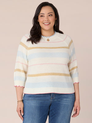 Off White Airy Blue Multi Three Quarter Scalloped Edge Raglan Sleeve High Round Neck Multi Color Stripes Tipping Detail Plus Size Sweater