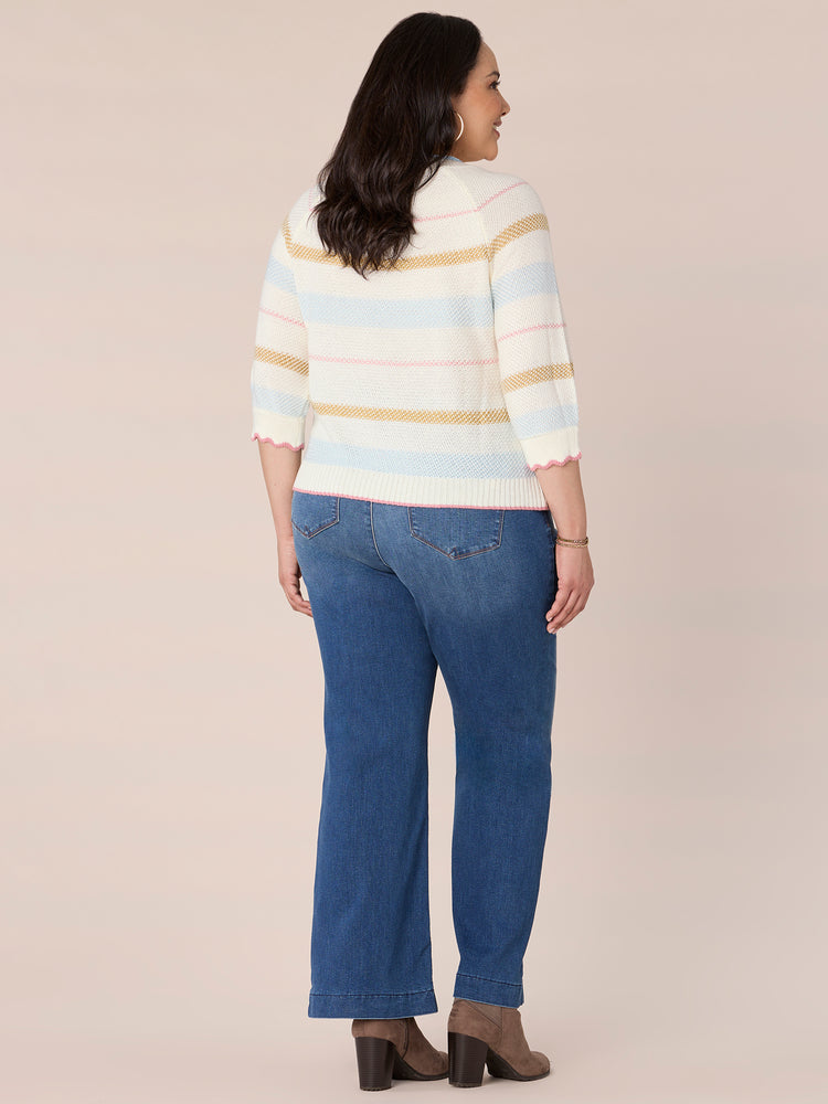 Off White Airy Blue Multi Three Quarter Scalloped Edge Raglan Sleeve High Round Neck Multi Color Stripes Tipping Detail Plus Size Sweater