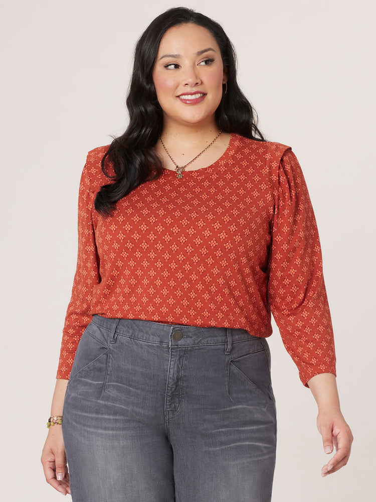 Cayenne Pepper Three Quarter Puff Sleeve Scoop Neck Print Knit Plus Size Top
