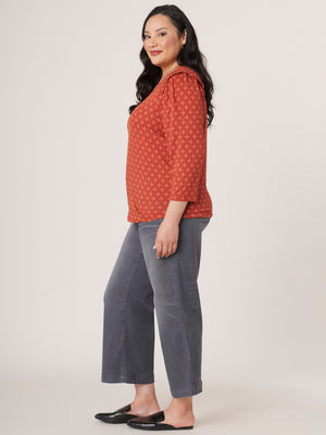 
            
                Load image into Gallery viewer, Cayenne Pepper Three Quarter Puff Sleeve Scoop Neck Print Knit Plus Size Top
            
        
