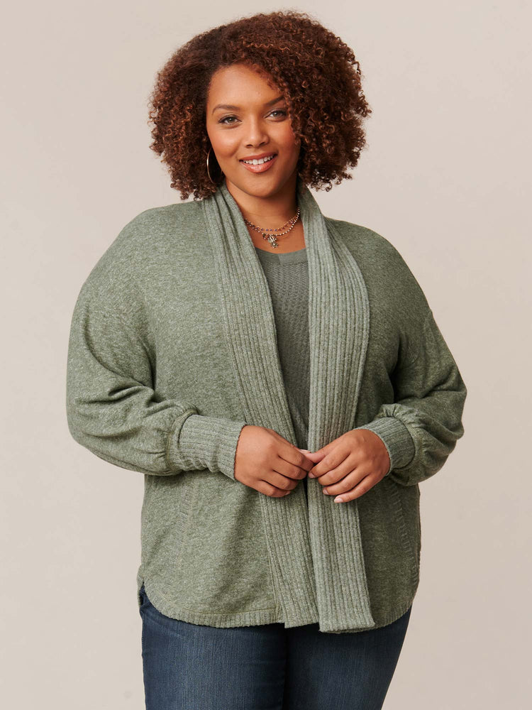 
            
                Load image into Gallery viewer, Heather Olive Long Blouson Sleeve Shawl Collar Open Plus Size Cardi
            
        