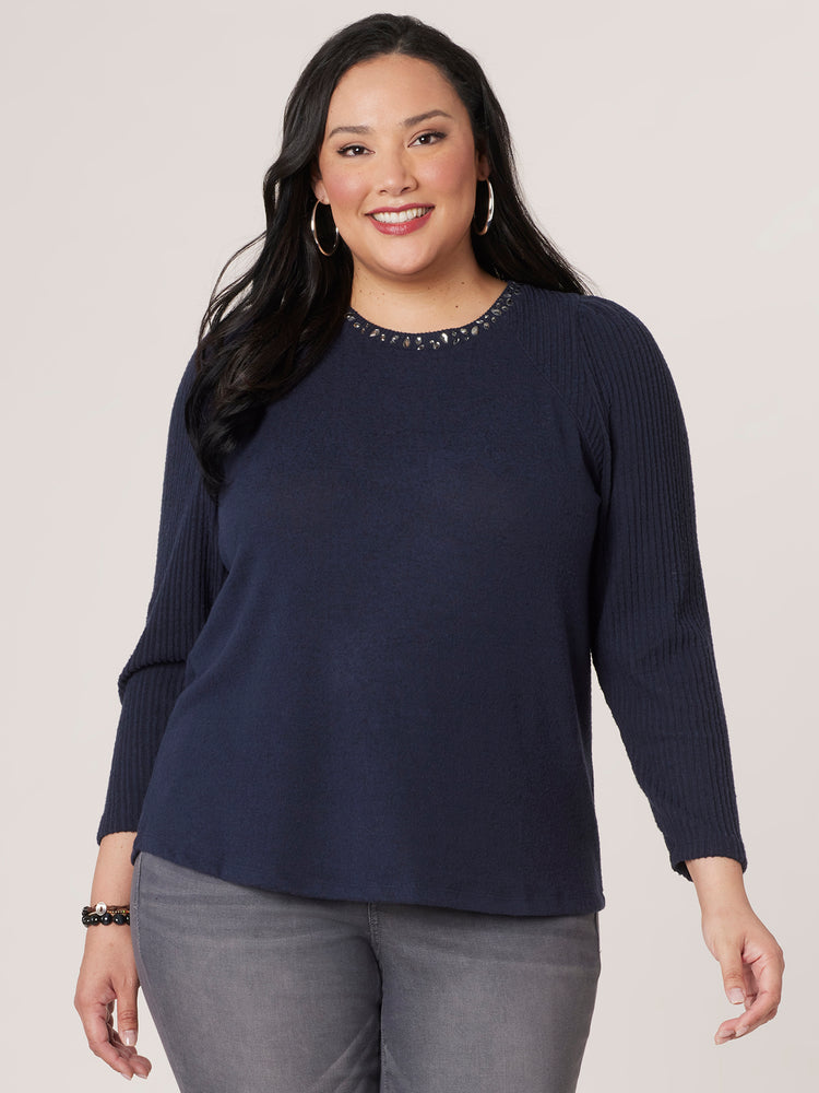 Heather Carbon Blue Long Puff Sleeve Rhinestone Detail Scoop Neck Plus Size Knit Top