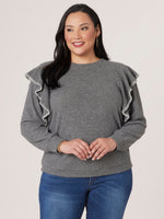 Heather Charcoal Long Banded Sleeve Embroidered Ruffle Scoop Neck Plus Size Knit Top