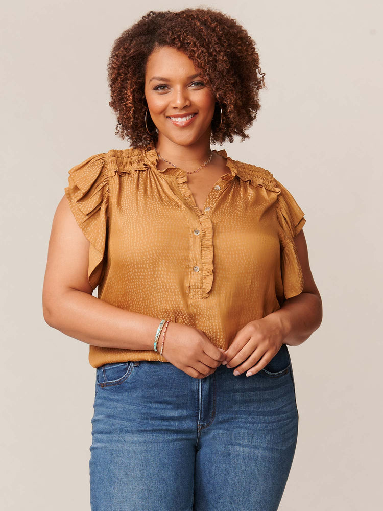 Toasted Acorn Double Ruffle Short Sleeve Half Placket Woven Plus Size Top