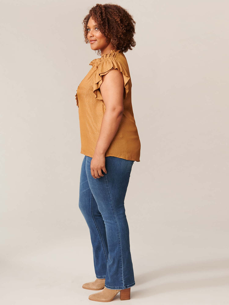 
            
                Load image into Gallery viewer, Toasted Acorn Double Ruffle Short Sleeve Half Placket Woven Plus Size Top
            
        
