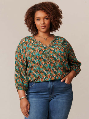 
            
                Load image into Gallery viewer, Jade Stone Amber Spice Multi Three Quarter Sleeve Braided Neck High Low Hem Plus Size Woven Top
            
        