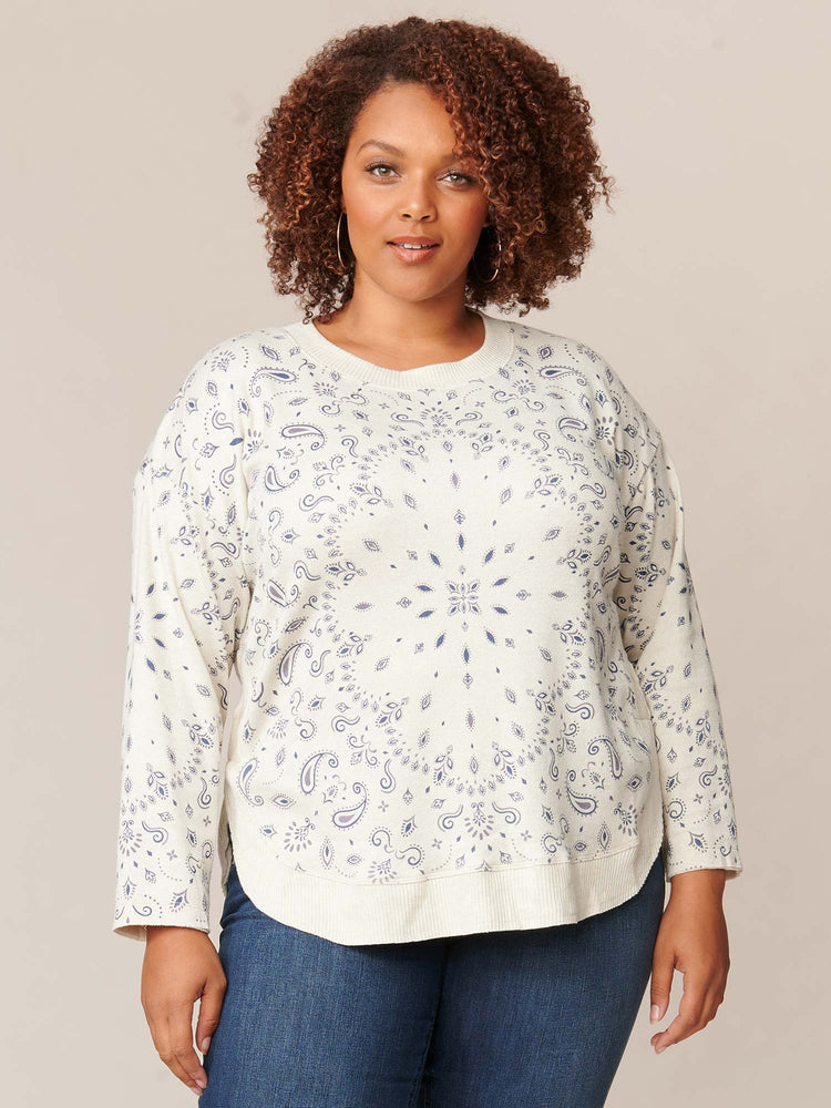 Beige Navy Paisley Long Sleeve Boatneck Printed Rounded Hem Plus Size Knit Top
