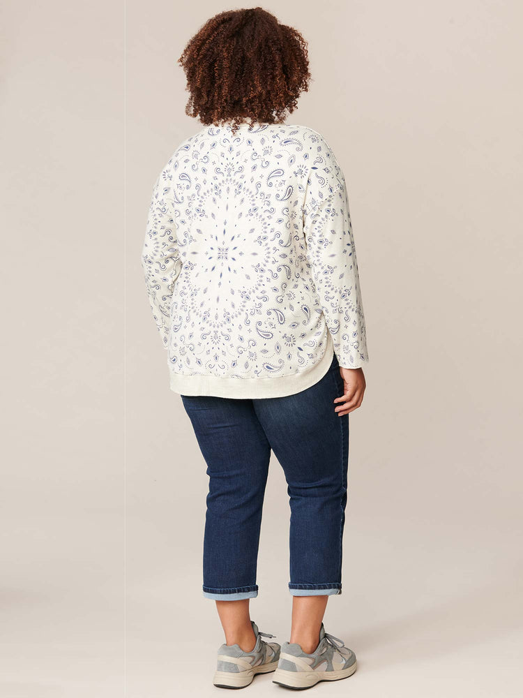Beige Navy Paisley Long Sleeve Boatneck Printed Rounded Hem Plus Size Knit Top