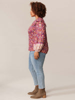 Berry Floral Multi Long Blouson Sleeve Ruffle Collar Print Knit Plus Size Top