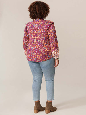 Berry Floral Multi Long Blouson Sleeve Ruffle Collar Print Knit Plus Size Top