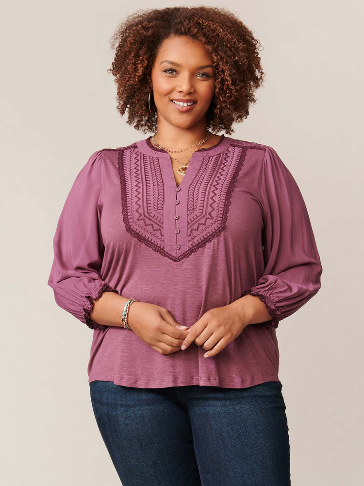 
            
                Load image into Gallery viewer, Tulip Nectar Plus Size Three Quarter Blouson Sleeve Ruffle Edge Embroidered Knit Top
            
        