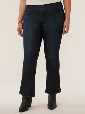 
            
                Load image into Gallery viewer, Ab&amp;quot;solution High Rise Indigo Denim Plus Size Pull On Itty Bitty Boot Glider Jeans 
            
        