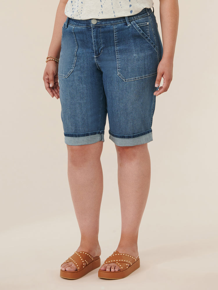 
            
                Load image into Gallery viewer, &amp;quot;Ab&amp;quot;solution High Rise Blue Cuffed Plus Size Bermuda Shorts
            
        