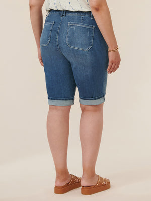 
            
                Load image into Gallery viewer, &amp;quot;Ab&amp;quot;solution High Rise Blue Cuffed Plus Size Bermuda Shorts
            
        