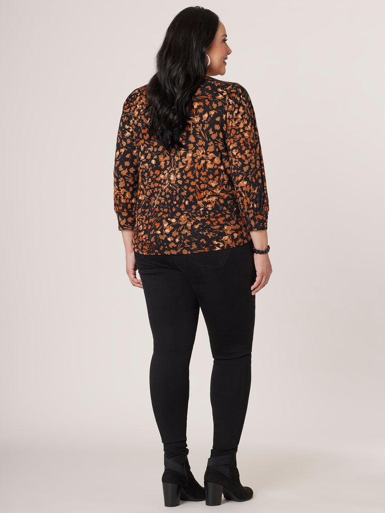 Black Abstract Floral Three Quarter Blouson Sleeve Keyhole Scoop Neck Printed Plus Size Knit Top