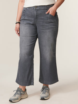 Light Grey Vintage Denim Plus Size "Ab"solution Sky Rise V-Pocket Wide Leg Jeans