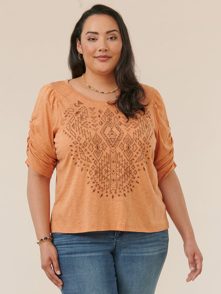 Dusty Peach Elbow Puff Sleeve Scoopneck Die Cut Embroidery Plus Size Knit Top