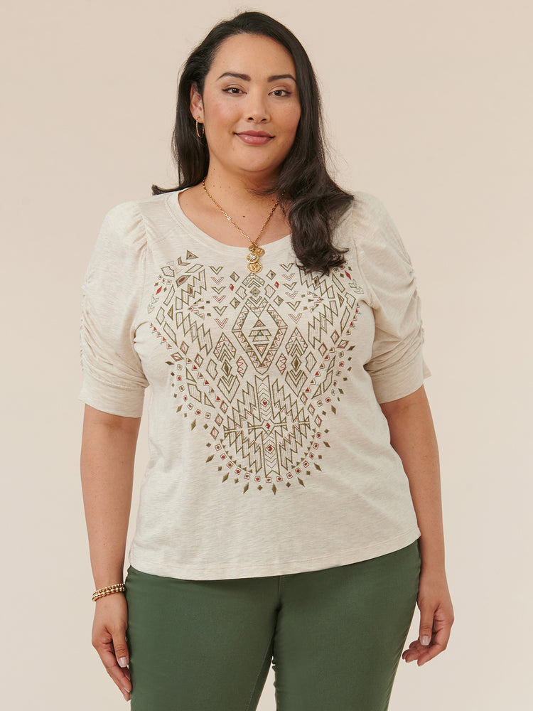 Heather Jute Elbow Puff Sleeve Scoopneck Die Cut Embroidery Plus Size Knit Top
