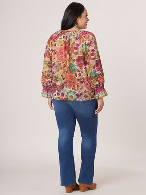 
            
                Load image into Gallery viewer, Flounce Blouson Sleeve Scoop Pintuck Neck Printed Plus Size Woven Top
            
        