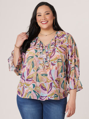 
            
                Load image into Gallery viewer, Three Quarter Sleeve Cascade Ruffle V-Neck Printed Plus Size Woven Top
            
        