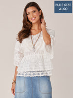 White Three Quarter Scallop Bell Embroidered Sleeve Double Flounce Peplum Scoop Neck Plus Size Woven Top