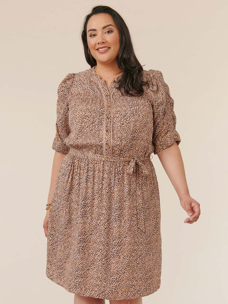 Peanut Butter Multi Speckled Ruched Sleeve Button Down Tie Waist Printed Plus Size Dress