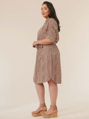 Peanut Butter Multi Speckled Ruched Sleeve Button Down Tie Waist Printed Plus Size Dress