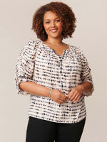 Natural Multi Smocked Three Quarter Flounce Sleeve Printed Embroidered Plus Size Woven Top