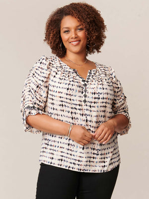 
            
                Load image into Gallery viewer, Natural Multi Smocked Three Quarter Flounce Sleeve Printed Embroidered Plus Size Woven Top
            
        