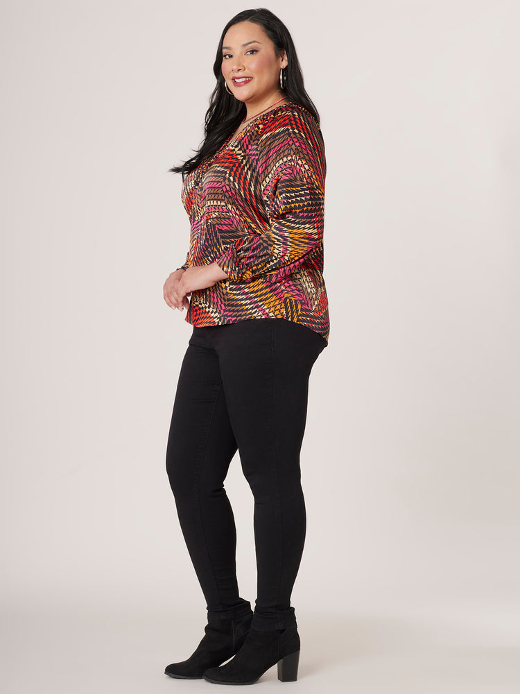 Black Red Multi Long Sleeve Ruffle Edged Braided V-Notch Neck Abstract Print Plus Size Woven Top