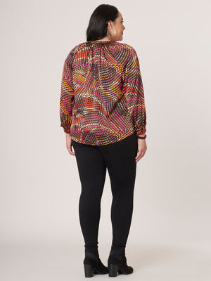 Black Red Multi Long Sleeve Ruffle Edged Braided V-Notch Neck Abstract Print Plus Size Woven Top