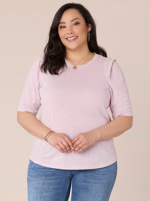 Heather Smokey Lavender Elbow Sleeve Flange Shoulder Contrast Stitch Scoop Neck Embroidery Detail Plus Size Knit Top
