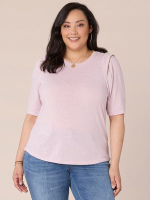 Heather Smokey Lavender Elbow Sleeve Flange Shoulder Contrast Stitch Scoop Neck Embroidery Detail Plus Size Knit Top
