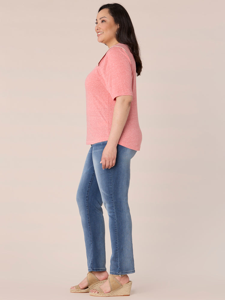 
            
                Load image into Gallery viewer, Heather Sweet Melon Elbow Sleeve Flange Shoulder Contrast Stitch Scoop Neck Embroidery Detail Plus Size Knit Top
            
        