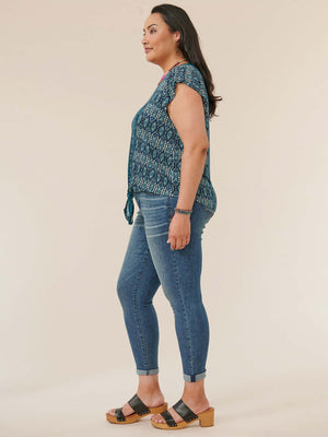 
            
                Load image into Gallery viewer, Teal Blue Multi Flutter Cap Sleeve Tie Front Hem Printed Knit Plus Size Top
            
        