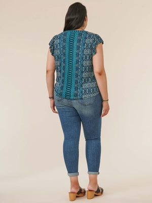 
            
                Load image into Gallery viewer, Teal Blue Multi Flutter Cap Sleeve Tie Front Hem Printed Knit Plus Size Top
            
        
