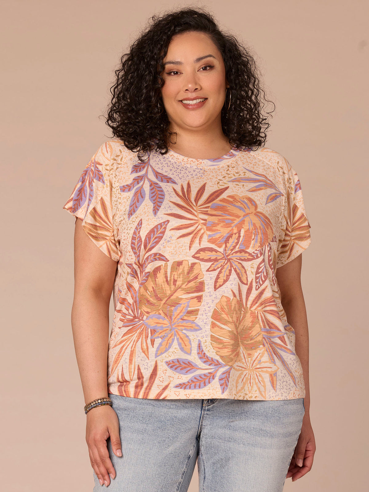 Short Sleeve Scoop Neck Placement Print Plus Size Knit Boyfriend Tee