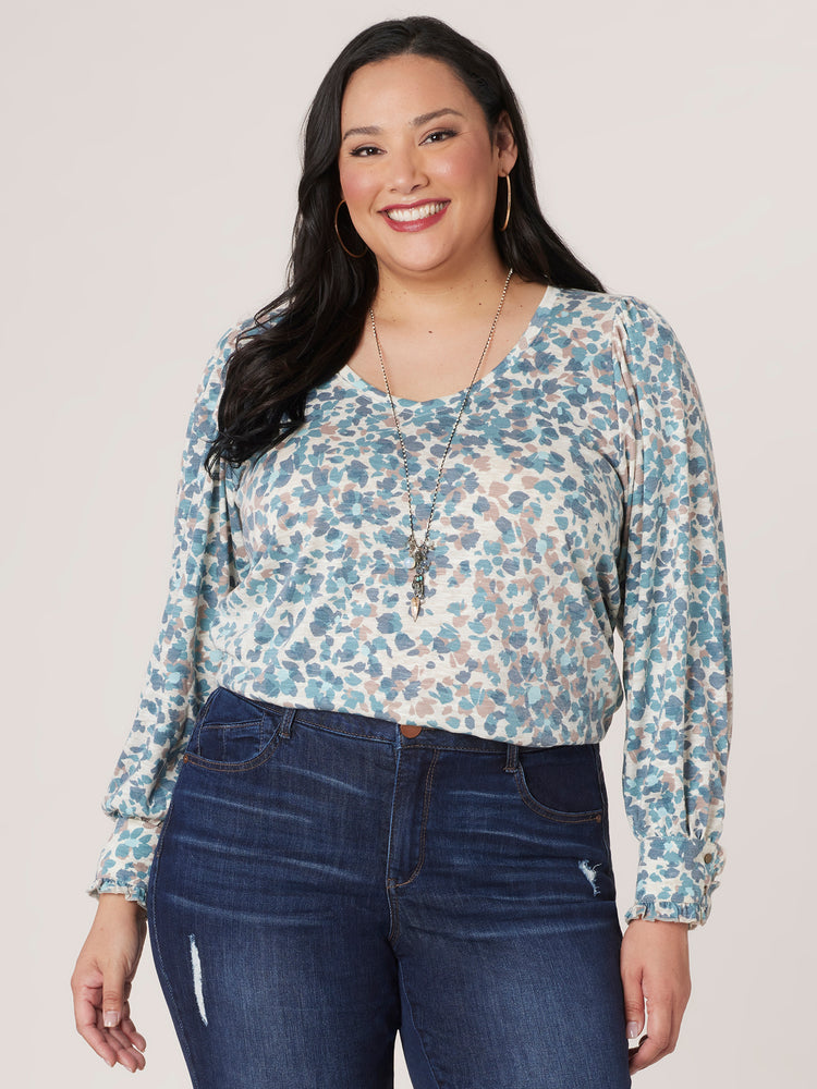 
            
                Load image into Gallery viewer, Teal Mocha Multi Long Cuffed Sleeve Wide V-Neck Printed Plus Size Knit Top
            
        