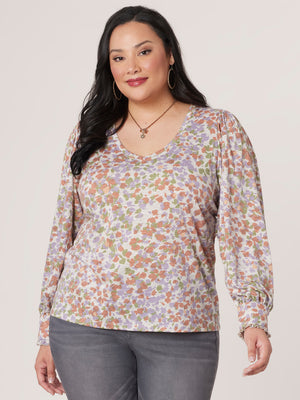 
            
                Load image into Gallery viewer, Wisteria Multi Long Cuffed Sleeve Wide V-Neck Printed Plus Size Knit Top
            
        