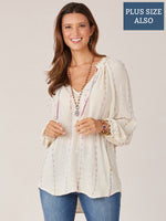 Ivory Lavender Multi Long Blouson Sleeve Crochet Trim Ombre Braided Tie Split V-Neck Plus Size Woven Top