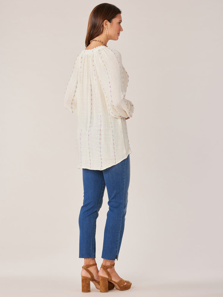 Ivory Lavender Multi Long Blouson Sleeve Crochet Trim Ombre Braided Tie Split V-Neck Plus Size Woven Top