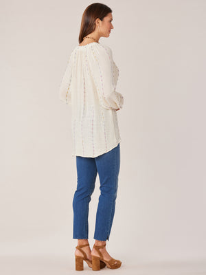 
            
                Load image into Gallery viewer, Ivory Lavender Multi Long Blouson Sleeve Crochet Trim Ombre Braided Tie Split V-Neck Plus Size Woven Top
            
        