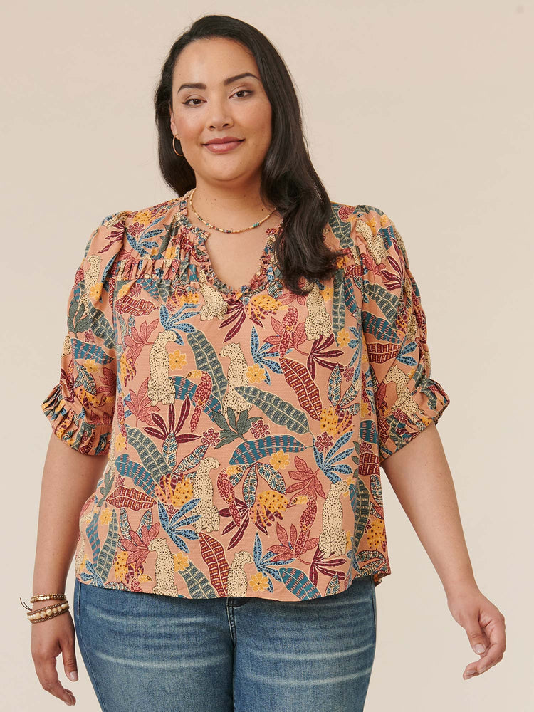 Dusty Peach Multi Ruched Sleeve Ruffle V Notch Neck Printed Woven Plus Size Top
