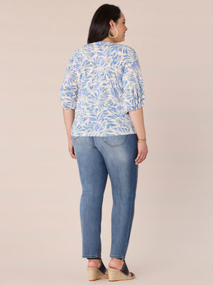 
            
                Load image into Gallery viewer, Airy Blue Elbow Banded Drop Shoulder Blouson Sleeve Leafy Print Scoop Neck Plus Size Knit Top
            
        
