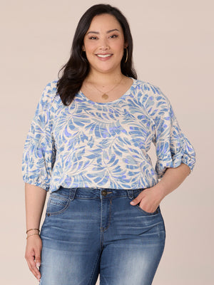 
            
                Load image into Gallery viewer, Airy Blue Elbow Banded Drop Shoulder Blouson Sleeve Leafy Print Scoop Neck Plus Size Knit Top
            
        
