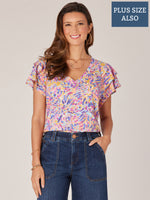 Orchid Bloom Multi Short Three Tiered Bell Raglan Sleeve V-Neck Abstract Print Plus Size Knit Top