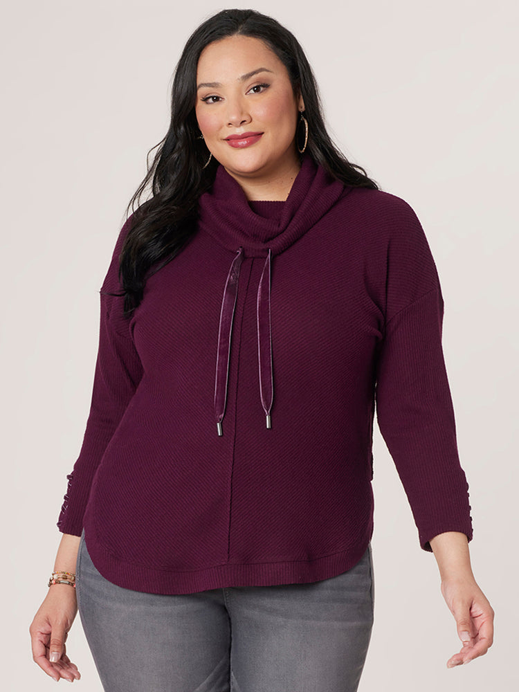 Potent Purple Long Drop Shoulder Sleeve Cowl Neck With Ties Plus Size Knit Tunic