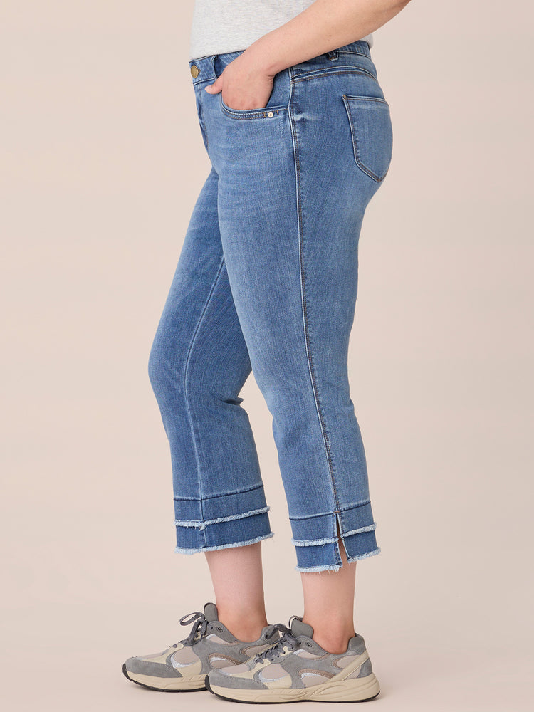 Mid Blue Denim Absolution Mid Rise Repreve Split Double Layer Fray Kick Flare Hem Plus Size Jeans
